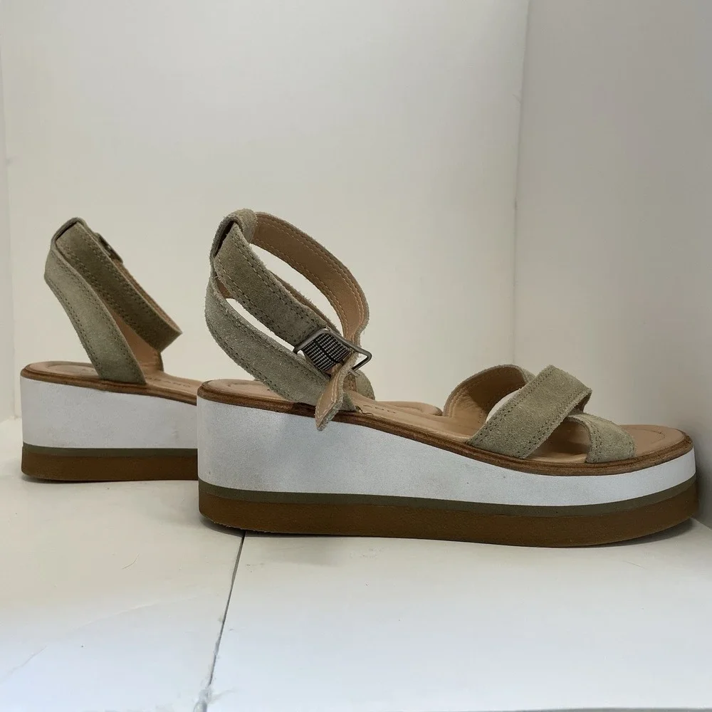 Lucky Brand Suede Wedge Platform Sandal Size‎ 8.5 Tarhi Olive Green Brown Whit